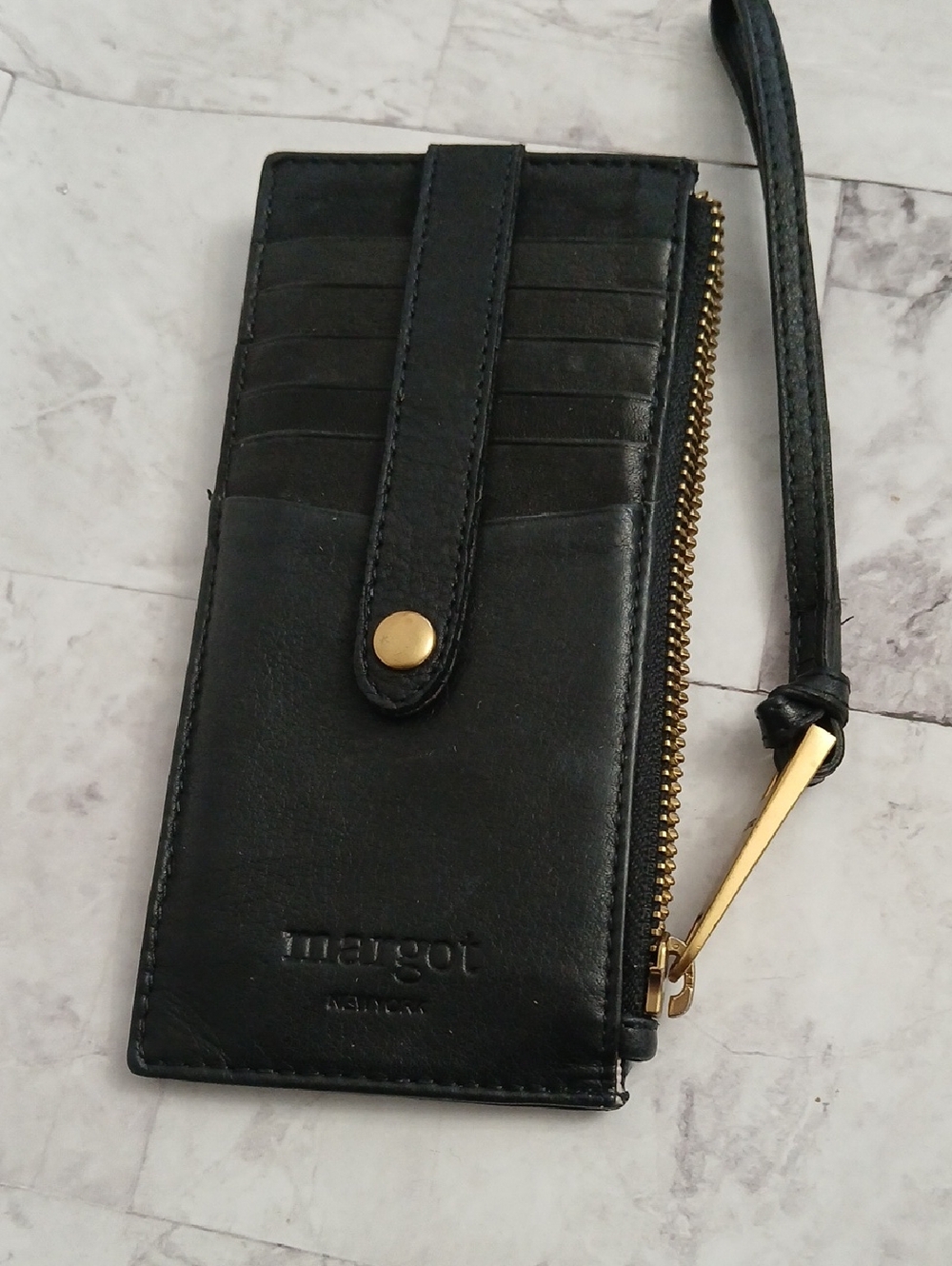 margot Black Leather Wristlet Card Case with Brass Hardware